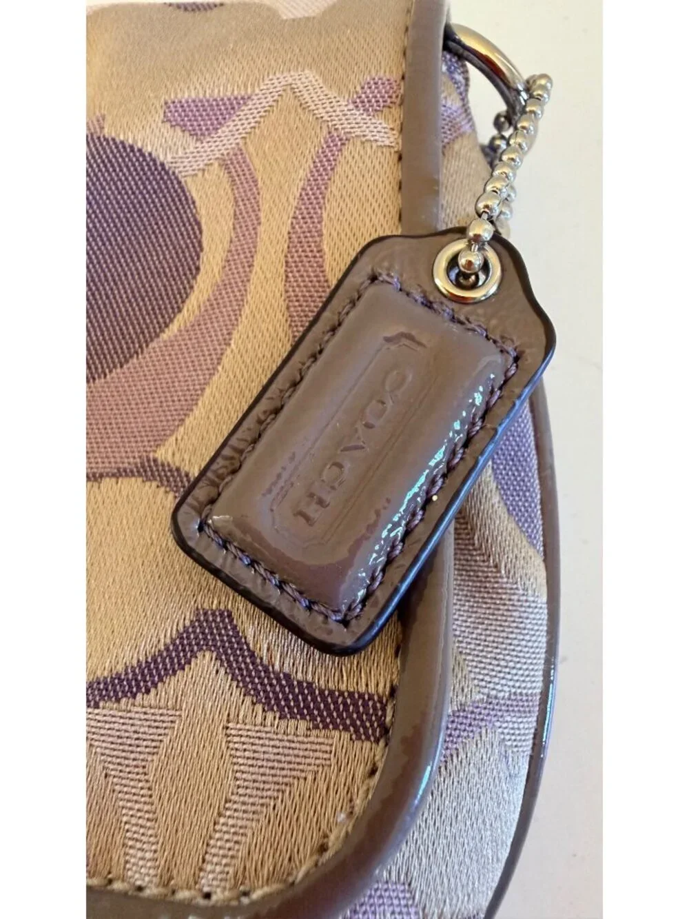 Coach Large Flap Wristlet Clutch Beige & Purple Signature C Logo Pattern